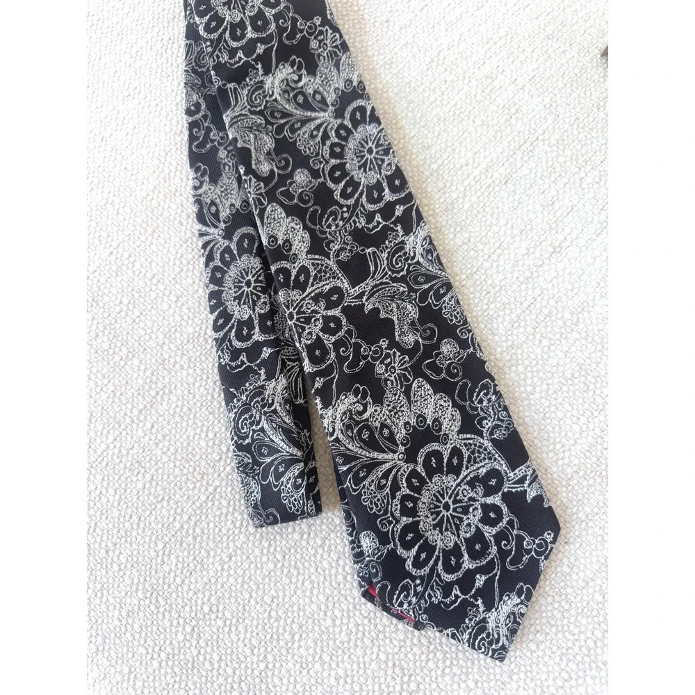 Christian Lacroix Mens Silk Tie Black White Floral Pattern Made in ITALY